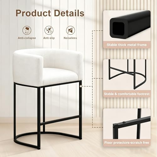 26" H Counter Height Bar Stools Set of 2, Modern Barrel Counter Stools with Backrest and Arms, Linen Fabric Upholstered Accent Barstools for Kitchen Island,Support 450 LBS (White) - Image 4