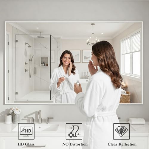 Koonmi White Rectangle Wall Mirror, 36x60 Inch Bathroom Mirror, Aluminum Frame Vanity Mirror for Entryway, Living Room, Bedroom Bathroom, Hangs Horizontally or Vertically - Image 3