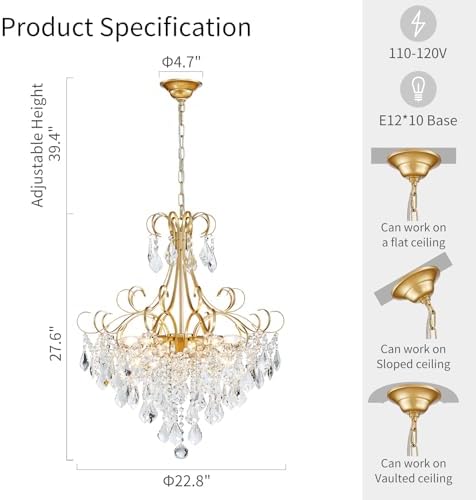 WUZUPS Crystal Chandelier 10-Light Pendant Ceiling Light Modern Lighting Fixture for Dining Room Hallway Bedroom Kitchen Bathroom, H 27.6" x W 22.8", E12 Base, Gold - Image 2