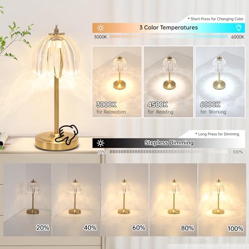 Shenmoyl Set of 2 Tulip Table Lamp with 5000mAh Battery & Touch Control, Cordless Table Lamp with 3 Colors, Dimmable Rechargeable Table Lamps for Bedroom, Living Room, Entryways (Transparent Tulip) - Image 3