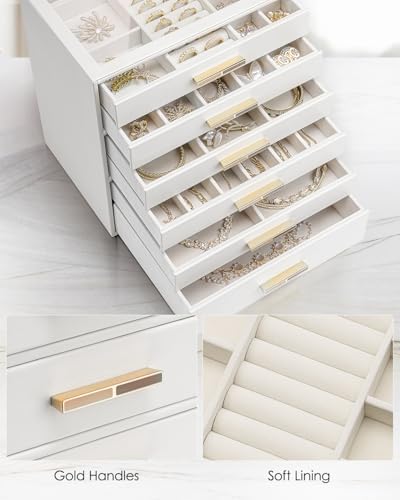 VLANDO 6 Layer Jewelry Box for Women, Glass Lid Jewelry Organizer with 6 Drawers for Necklaces Rings Earrings Bracelets - White - Image 6