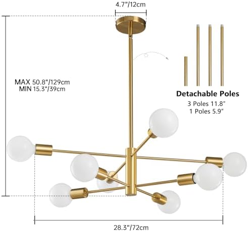 RUIYEY Modern Sputnik Chandeliers Light, 8-Light Gold Dining Room Chandelier Over Table, E26 Mid Century Ceiling Light Fixtures Height Adjustable Hanging Pendant Lighting for Entryway Foyer - Image 2