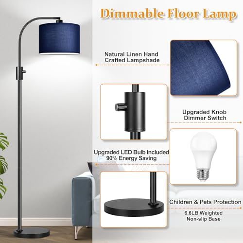 Nintiue Upgraded Modern Arc Dimmable Tall Standing Floor Lamp with Blue Shade, 1200 Lumens LED Bulb Included, for Living & Reading Room, Bedroom, Office & Nursery, Black - Image 4