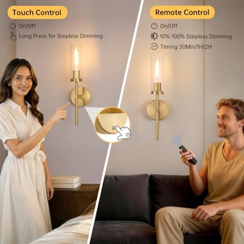 Shenmoyl Battery Operated Wall Sconces Set of 2, Gold Rechargeable Wall Lighting Fixtures, Dimmable Wall Lights with Remote & Clear Glass Shade for Living Room, Bathroom,Bedroom - Image 5