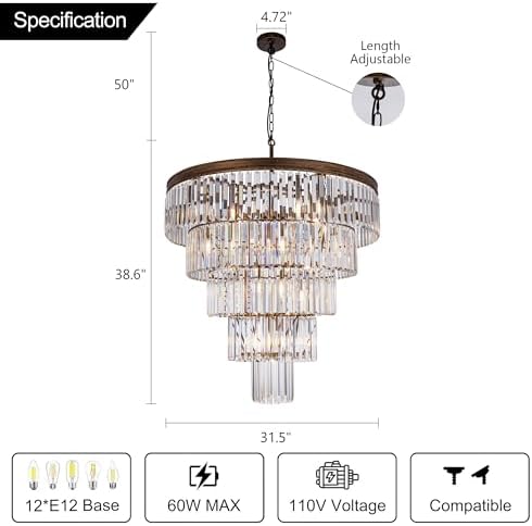 TOCHIC 10 Light Large Crystal Chandelier 31.5 inch, 5-Tier Contemporary Modern Bronze Crystal Chandeliers, Raindrop K9 Round Ceiling Light for Bathroom,Staircase, Entryway, Dining Room, Foyer, Kitchen - Image 3