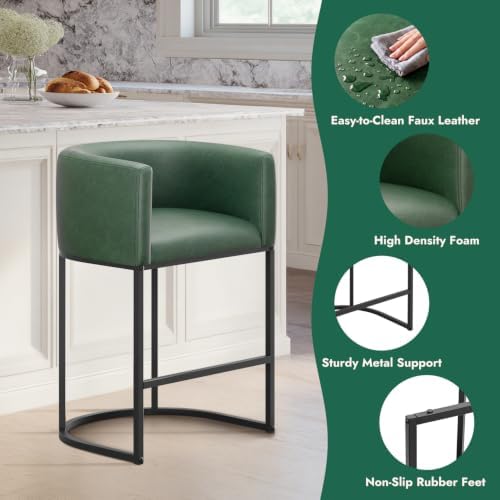 Counter Height Bar Stools Set of 4, Modern Counter Stools for Dining Room, 24 Inch Barstools for Kitchen Island, Faux Leather Bar Stool with Metal Legs and Back Footrest, Green - Image 3