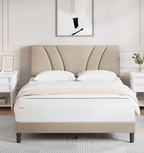 Novilla Queen Bed Frame with Headboard, Linen Upholstered Bed Frame Queen Size with Wood Slats Support, No Box Spring Needed, Heavy Duty Feet, Easy Assembly, Light Beige - Image 3