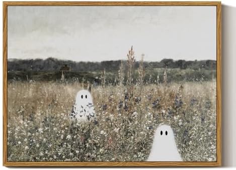 InSimSea Framed Canvas Prints Art Ghost Decor, Vintage Halloween Meadow with Flowers Painting, Spooky Gothic Decor, Rustic Landscape Pictures for Living Room, 12x16inch by InSimSeaArt