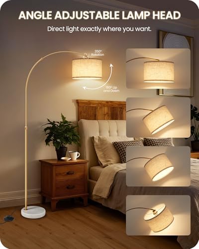 75" Dimmable Gold Arc Floor Lamp with Marble Base, Adjustable Height, Beige - Image 6