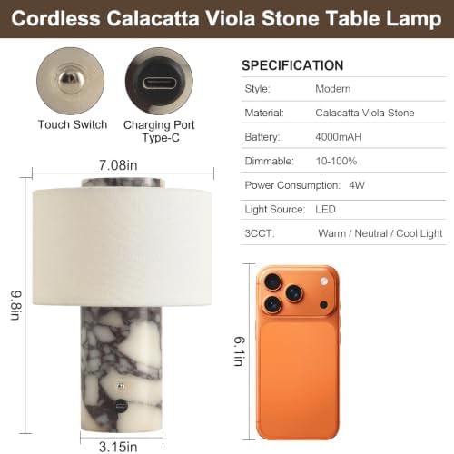 Marble Lamp Calacatta Viola Stone Cordless Table Lamp, Dimmable 4000mAh - Image 7