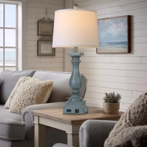 28" Tall Farmhouse Table Lamps Set of 2 with USB C+A Ports and AC Outlet, 3 Way Touch Control Rustic Bedside Lamp for Bedroom, Blue Vintage Nightstand Lamp for Living Room Office - Image 7