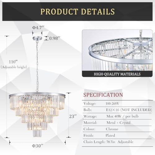 CATINER 30" Modern Crystal Chandelier,16-Light Large Chrome Light Fixture - Image 2