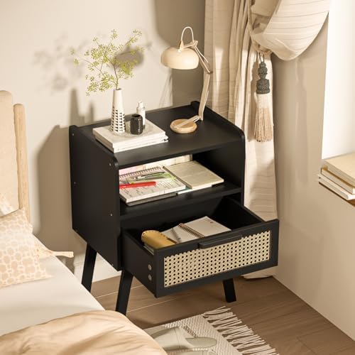 Lerliuo Rattan Nightstand, Bedside Table with Drawer Open Shelf - Image 5