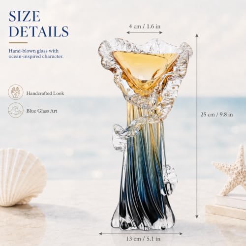 Blue Blown Glass Vase, Modern Art Hand Blown Coastal Vase,Beautiful Unique Ocean Wave Centerpieces for Living Room, Bedroom, Office Desktop,Coffee Table and Wedding Decorative (Amber, M) - Image 3