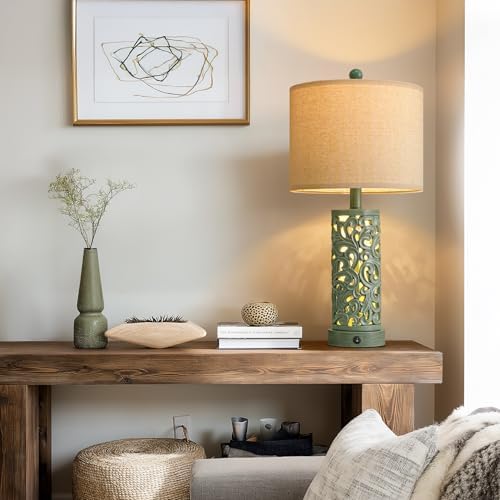 OYEARS 22'' Table Lamp Set of 2 for Living Room, Farmhouse Lamp for Bedroom, Vintage Bedside Lamps with Retro Design and USB Ports, Linen Shade for Home Office (Bulb Included, Green) - Image 7
