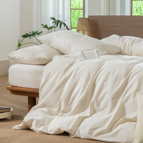 MooMee Striped Duvet Cover Set 100% Washed Cotton Linen Like Twin - Image 5
