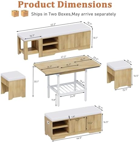 Extendable 6-Piece Breakfast Nook Set with Storage Benches & Stools, Corner Dining Table Set with Wine Glass Holder, Space-Saving Kitchen Table for Indoor/Outdoor Use - Image 2