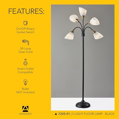 Adesso 5-Light Floor Lamp, Black, Movable Shades, Adjustable, 67” - Image 5