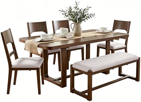 VilroCaz 6-Piece Acacia Wood Dining Table Set, Extendable Rectangular Dining Table with 4 Upholstered Dining Chairs& Bench, Reinforced Stretcher Base for Kitchen and Dining Room (Brown/Beige) by VilroCaz