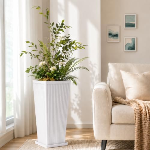 NicBex 24" Tall Planters for Outdoor Plants Set of 2 Square Fluted,White - Image 7