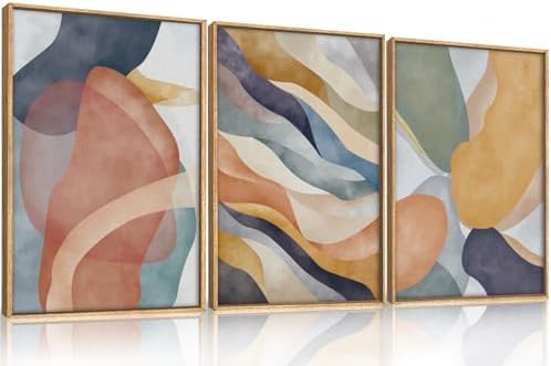 LHIUEM Large Abstract Neutral Framed Canvas Wall Art Set,Colorful Watercolor Block Wall Decor,Boho Geometric Illustrations Artwork for Living Room,Bedroom,Dining Room,Office - 24"x36"x3 by LHIUEM