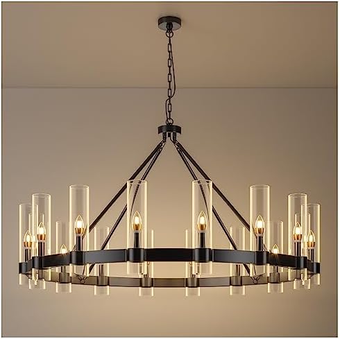 48 Inch Black Wagon Wheel Chandelier with Glass Shade, 16 Lights, Modern Farmhouse Style, Ideal for Dining Room, Kitchen, Entryways by AEULYTIR