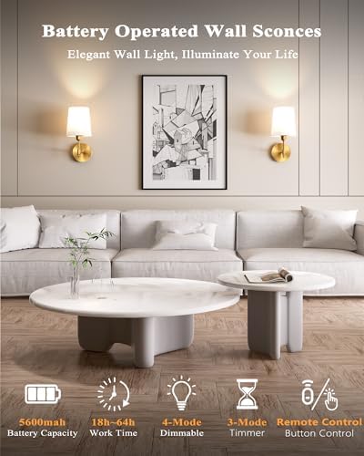 Battery Operated Wall Sconces Set of 2, Remote Control, RGB Bulb, Gold - Image 2