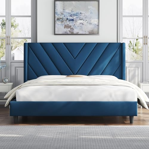 Yaheetech Queen Bed Frame with Chevron Channel-Tufted Headboard, Blue - Image 3