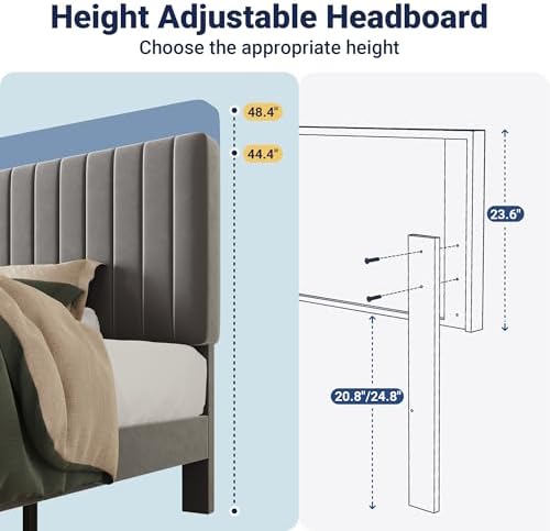 Allewie Twin Bed Frame, Velvet Upholstered Platform Bed with Adjustable Vertical Channel Tufted Headboard, Mattress Foundation with Strong Wooden Slats, Box Spring Optional, Easy Assembly, Grey - Image 6