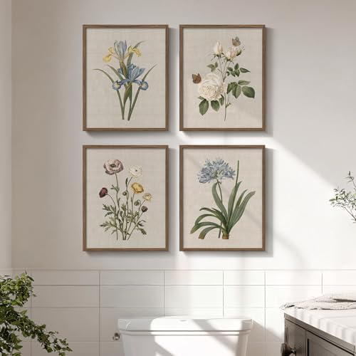 Framed Vintage Floral Botanical Wall Art for Bathroom, 4 Piece 8x10 In by Cuspin