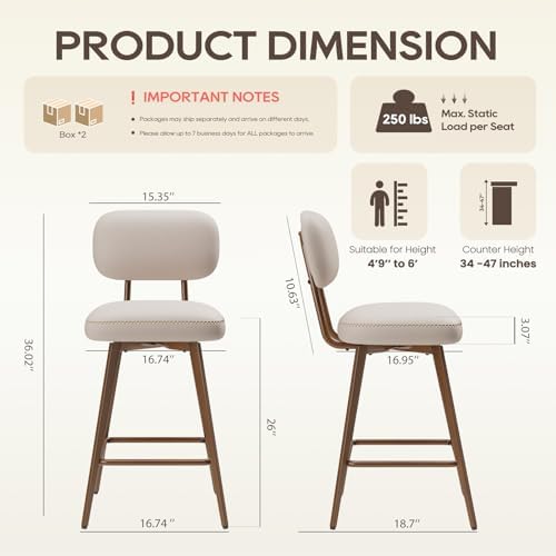 MALOL 26“ Swivel Bar Stools Set of 4, Mid Century PU Leather Counter Height Bar Chairs with Low Back and Metal Legs, Modern Bar Stool Chair for Kitchen Island, Beige - Image 2