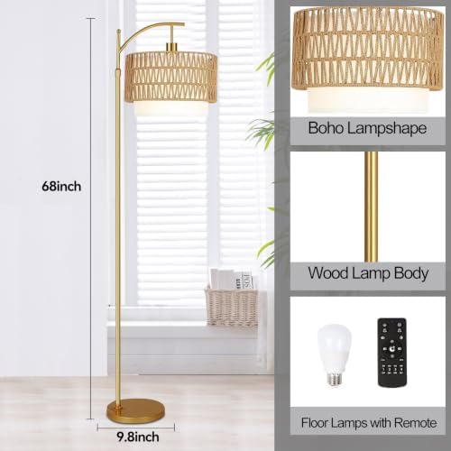 Gold Floor Lamps for Living Room Rattan Boho Floor Lamp with Remote Control & 3 Color Temperature, Dimmable Arc Floor Lamps Wicker Lamp Shades Brass Standing Lamp Tall Floor Lamp For Bedroom Corner - Image 5