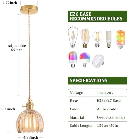 Shenmoyl Pendant Light with Amber Tulip Glass Lmapshade, Brass Vintage Pendant Light Adjustable Hanging Light for Kitchen Island Dining Room Hallway - Image 6