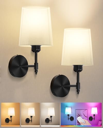 Battery Operated Wall Sconces Set of 2, Remote Control, RGB Bulb, Black by Ouyulong