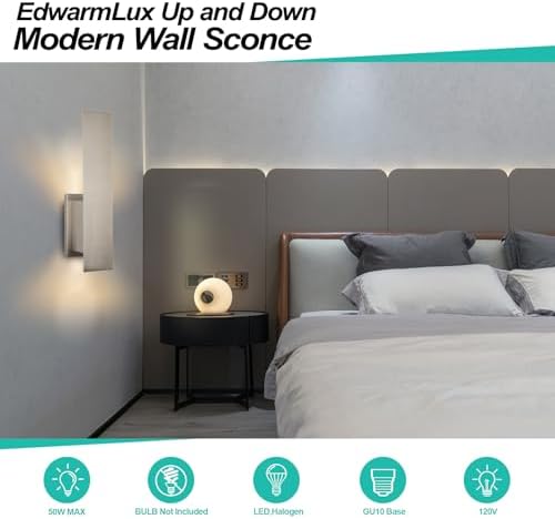 Edwarmlux Indoor Wall Sconces, Modern Wall Lights, Up and Down Wall Mount Light, Dimmable Hardwired Wall Light for Bedroom, Living Room, Hallway, GU10 Bulbs Excluded, 2 Pack (Brushed Nickel) - Image 4