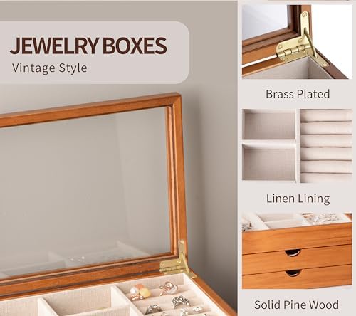Clasin Home Jewelry Box with Glass Lid, 3 Layer Jewelry Organizer for Women, Solid Wooden Jewelry Box Display for Ring Earrings Necklace Bracelet, Pine Wood Jewelry Boxes Vintage Style for Gifts - Image 5