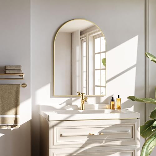 VooBang Arched Wall Mirror, 20 x 30 inch Arch Bathroom Mirror, Wall Mounted Vanity Mirror with Arch Metal Frame, Modern Bathroom Vanity Mirror for Bedroom, Living Room, Hanging or Leaning, Gold - Image 6