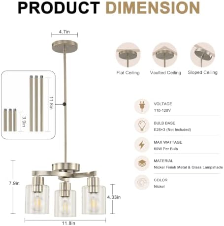 Modern Dining Room Chandelier, 3-Light Brushed Nickel Pendant Light - Image 4