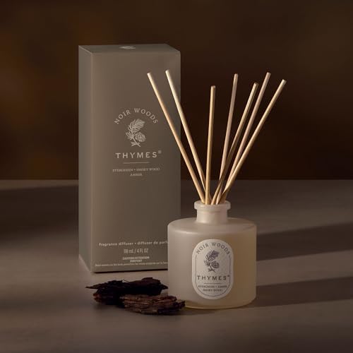 Thymes Petite Oil Reed Diffuser Set – Includes Reeds, Fragrance Oil & Glass Bottle – Luxury Scent Diffusers for Home Decor – Notes of Fresh Evergreen, Smoky Wood & Golden Amber (Noir Woods, 4 fl oz) - Image 2