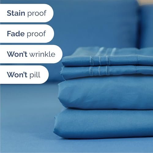 Queen Size 4 Piece Sheet Set - Breathable & Cooling Sheets - Denim Blue - Image 5