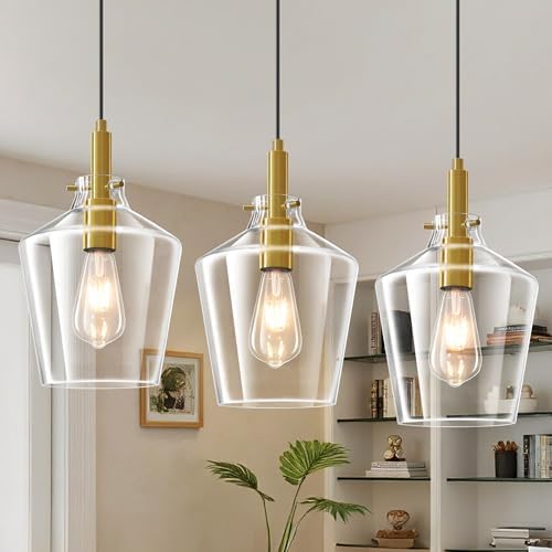 Glass Pendant Lighting for Kitchen Island Entryway 3 Pack Gold Clear 8 Inch by Vaziden