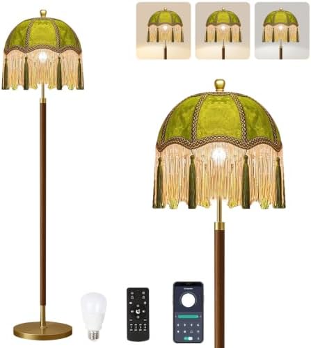 ILLMTW Vintage Floor Lamp for Living Room,Bedroom,Dimmable Standing Lamp with Remote,Green Mid Century Gold Tall Lamp Boho Retro Floor Light Wood Fringe Tassel Flower Unique Tiffany Victorian Decor by IlluminateTheWorld