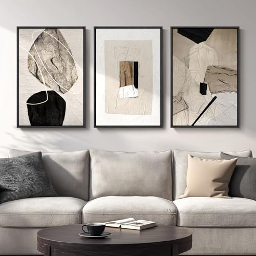 Large Framed Modern Neutral Abstract Wall Art, Set of 3, Total 60x30 In by Cuspin