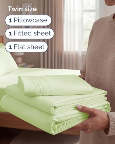 Twin Size 3 Piece Sheet Set - Comfy Breathable & Cooling - Light Sage Green - Image 3