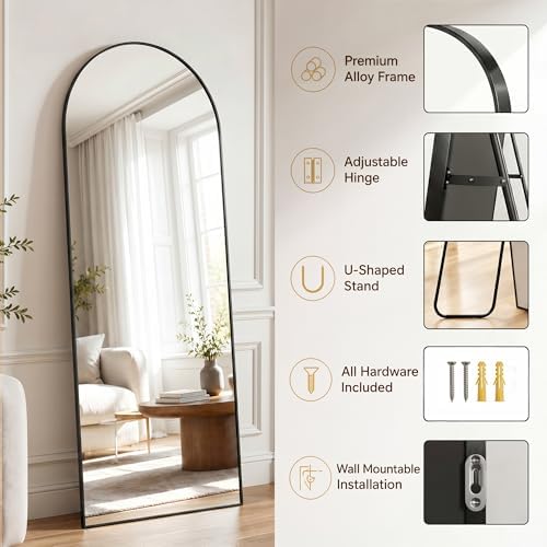 Antok Full Length Mirror, 76"x34" Floor Mirror with Stand, Black, Arched - Image 3