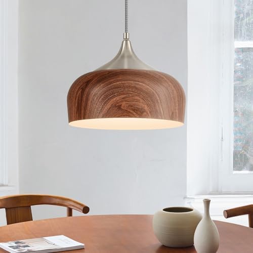 ELYONA Bauhaus Pendant Light Wooden Pattern Dome Pendant Light Fixture Brushed Nickel Metal Modern Adjustable Hanging Lighting for Kitchen Island Dining Room Office Hallway Foyer Bedroom, 12 Inch by ELYONA