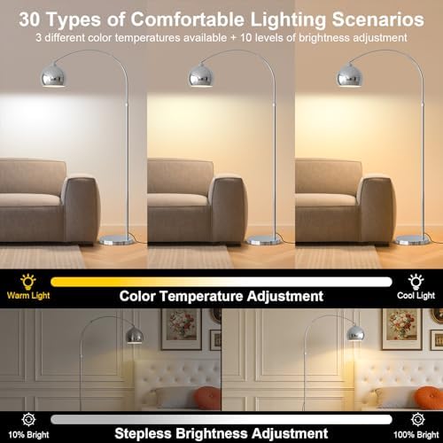 Glossy Chrome Silver Arc Floor Lamp with 12W LED Remote Dimming - Image 6