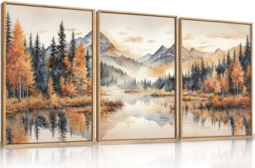 LHIUEM Large Neutral Mountain Framed Canvas Wall Art,Nature Foggy Forest Wall Decor,Watercolor Autumn Landscape Wall Painting,Woodland Artwork for Living Room,Bedroom,Dining Room,Office -16"x24"x3 - Image 6