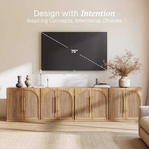 BELLEZE Set of 2 65" Sideboard Cabinet with Double-Arc Wood Doors, Large Buffet Cabinet with Storage and Adjustable Shelves, Classic Modern Console Sideboard for Living Room Kitchen Entryway (Camel) - Image 3