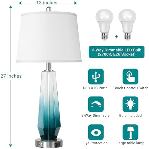 QiMH Glass Table lamps for living room, Modern Bedside Lamps for Bedrooms,27.5" Tall Nightstand Lamps Set of 2 with 3-Way Dimmable Touch Control, White Linen Shade,USB A/C Charging Ports,Gradient Teal - Image 4